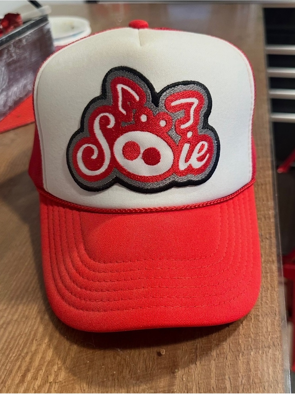 Red and White Trucker Hat with Embroidered Pig Logo